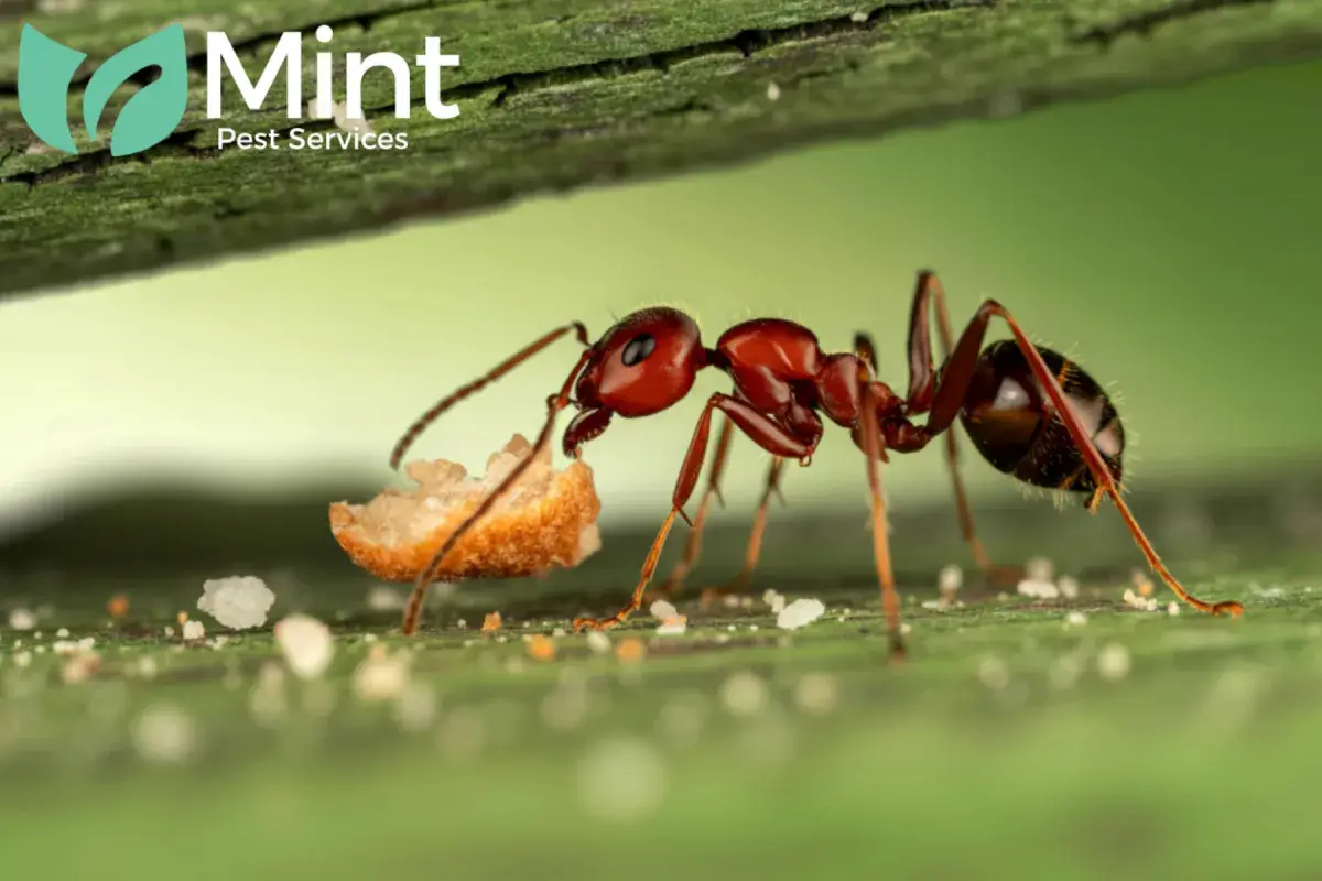 Red ant carrying breadcrumb underneath wood